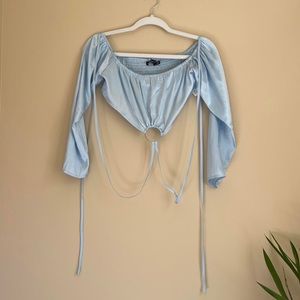 BooHoo Petite Blue Satin Tie Top